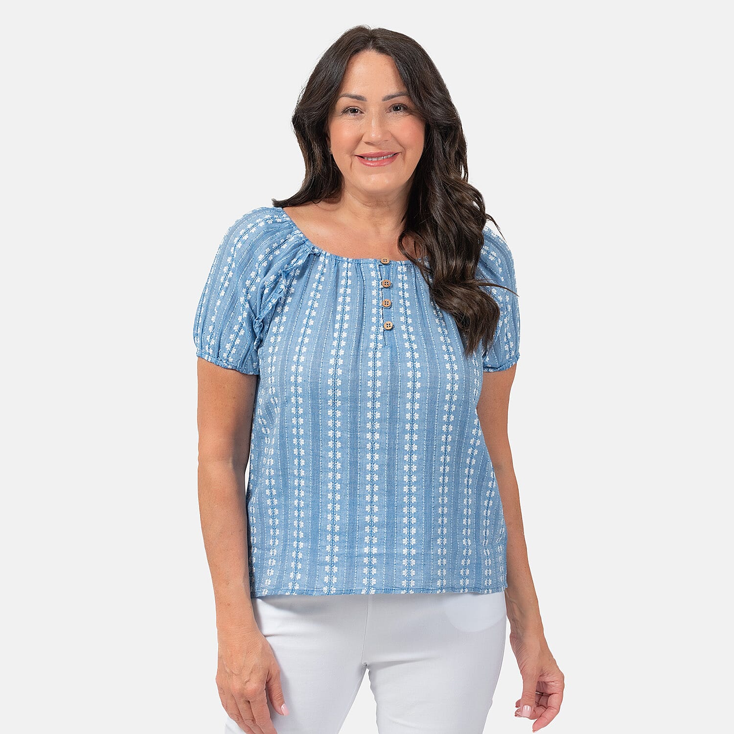 Mudflower 100% Cotton Jacquard Top (Size L) - Blue