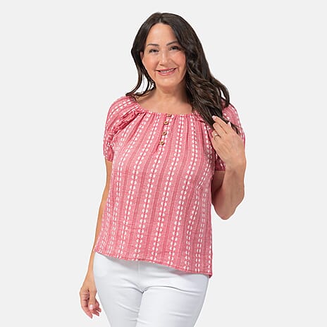 Mudflower 100% Cotton Jacquard Top (Size L) - Red