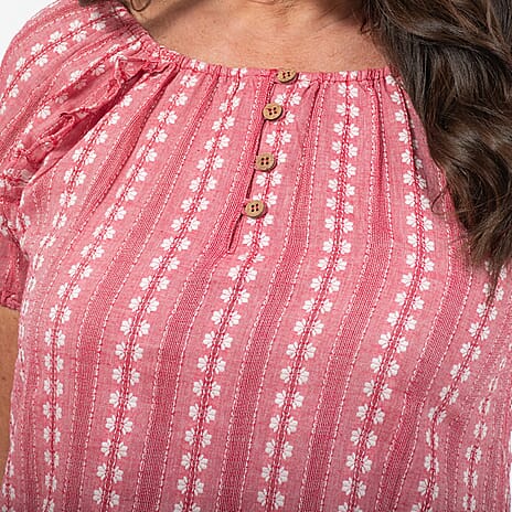 Mudflower 100% Cotton Jacquard Top (Size L) - Red