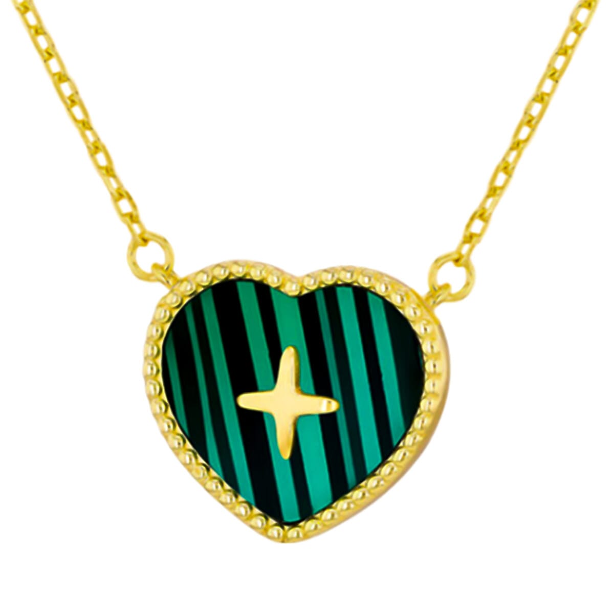 Designer Inspired Closeout - Yellow Gold Overlay Sterling Silver Malachite Heart Necklace (Size - 18)