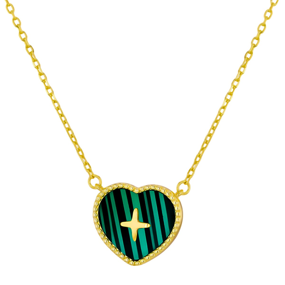 Designer Inspired Closeout - Yellow Gold Overlay Sterling Silver Malachite Heart Necklace (Size - 18)