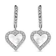Designer Inspired - Mother of Pearl and Zirconia Heart Hoop Earrings in Sterling Silver