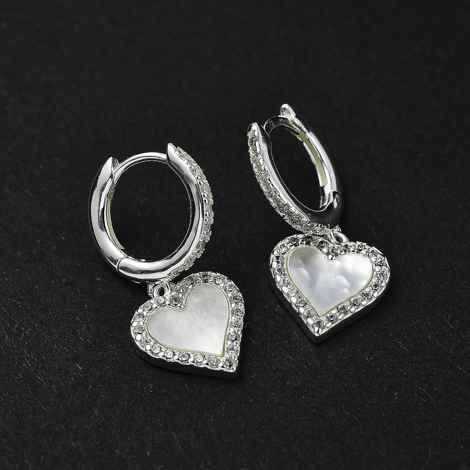 Designer Inspired - Mother of Pearl and Zirconia Heart Hoop Earrings in Sterling Silver