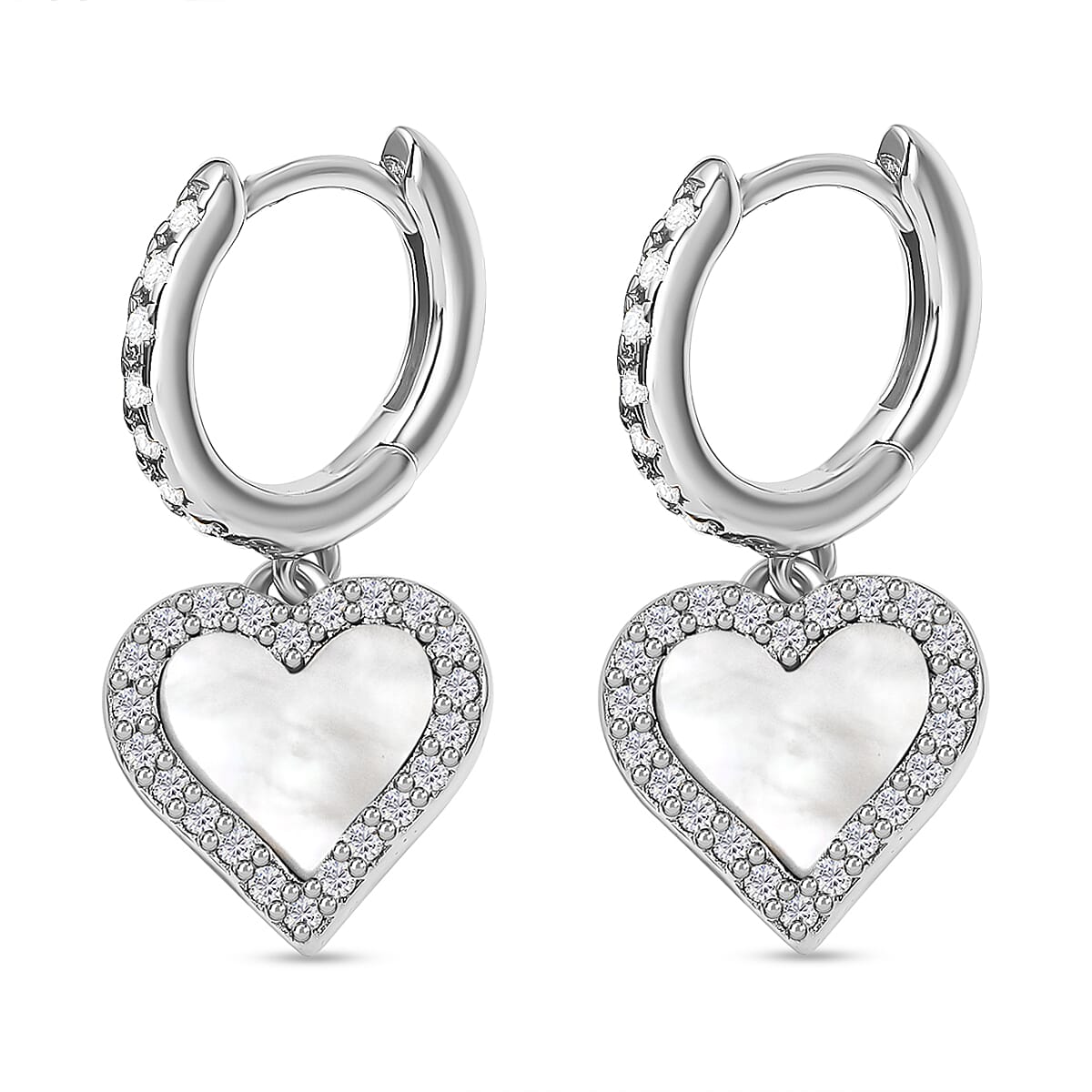 Designer Inspired - Mother of Pearl and Zirconia Heart Hoop Earrings in Sterling Silver