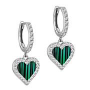Designer Inspired - Malachite and Zirconia Heart Hoop Earrings in Sterling Silver