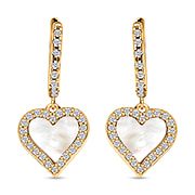 Designer Inspired - Mother of Pearl and Zirconia Heart Hoop Earrings in Gold Overlay Sterling Silver
