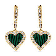 Designer Inspired - Malachite and Zirconia Heart Hoop Earrings in Gold Overlay Sterling Silver