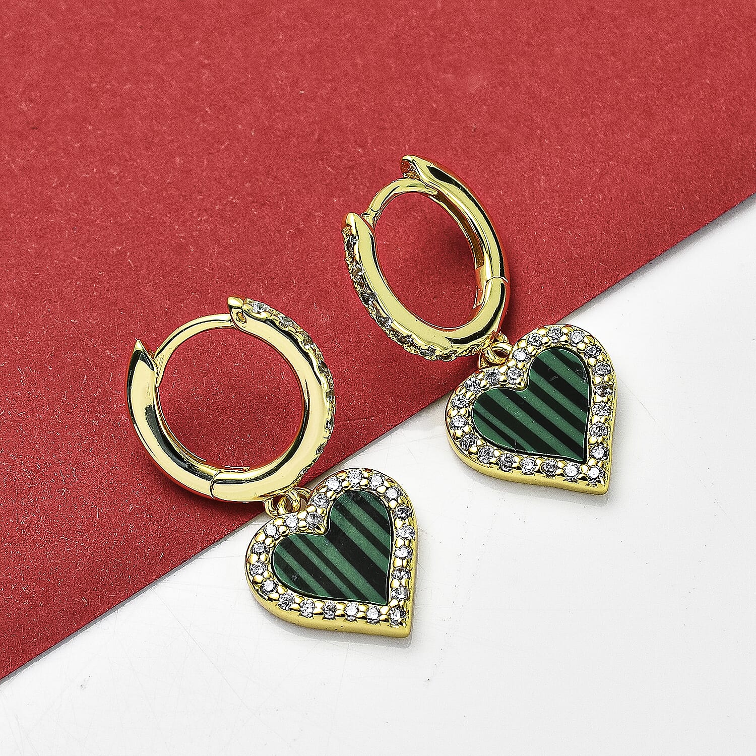 Designer Inspired - Malachite and Zirconia Heart Hoop Earrings in Gold Overlay Sterling Silver
