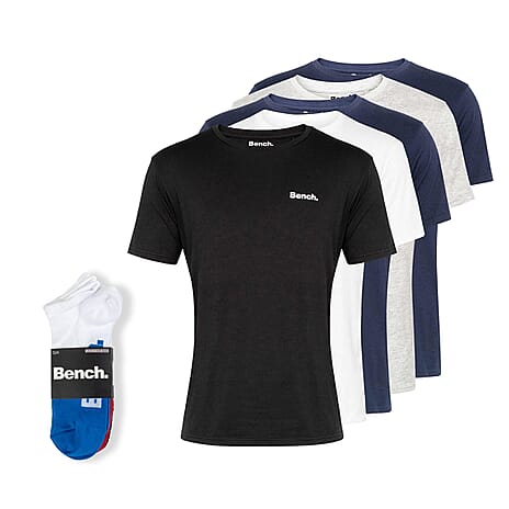 5 Pack Bench T Shirt with Free Socks (Size - M) - White, Black, Grey and 2x Navy