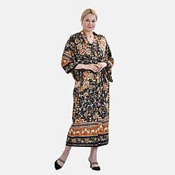 Closeout Deal 100% Viscose Flower Printed Long Kimono (One Size) - Black