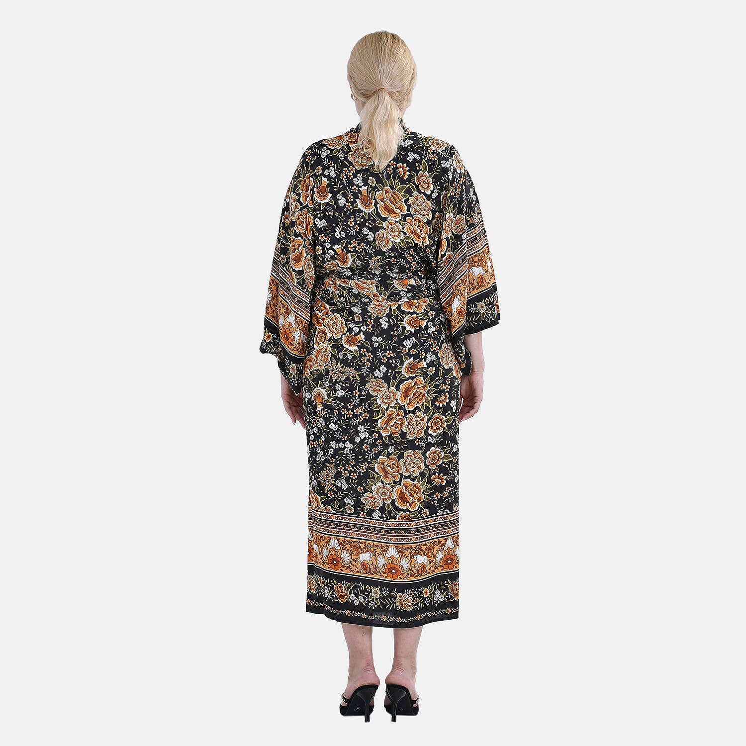Closeout Deal 100% Viscose Flower Printed Long Kimono (One Size) - Black