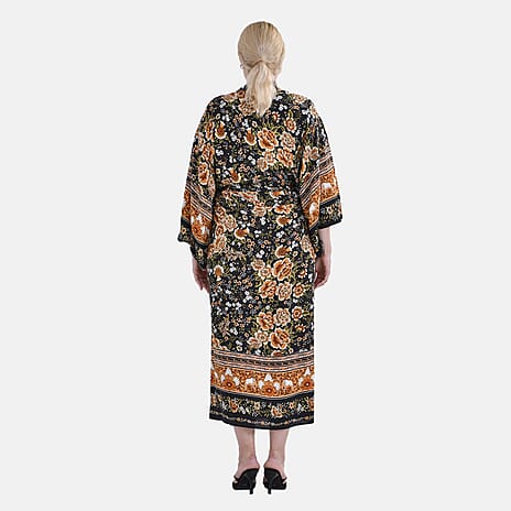 Closeout Deal 100% Viscose Flower Printed Long Kimono (One Size) - Black