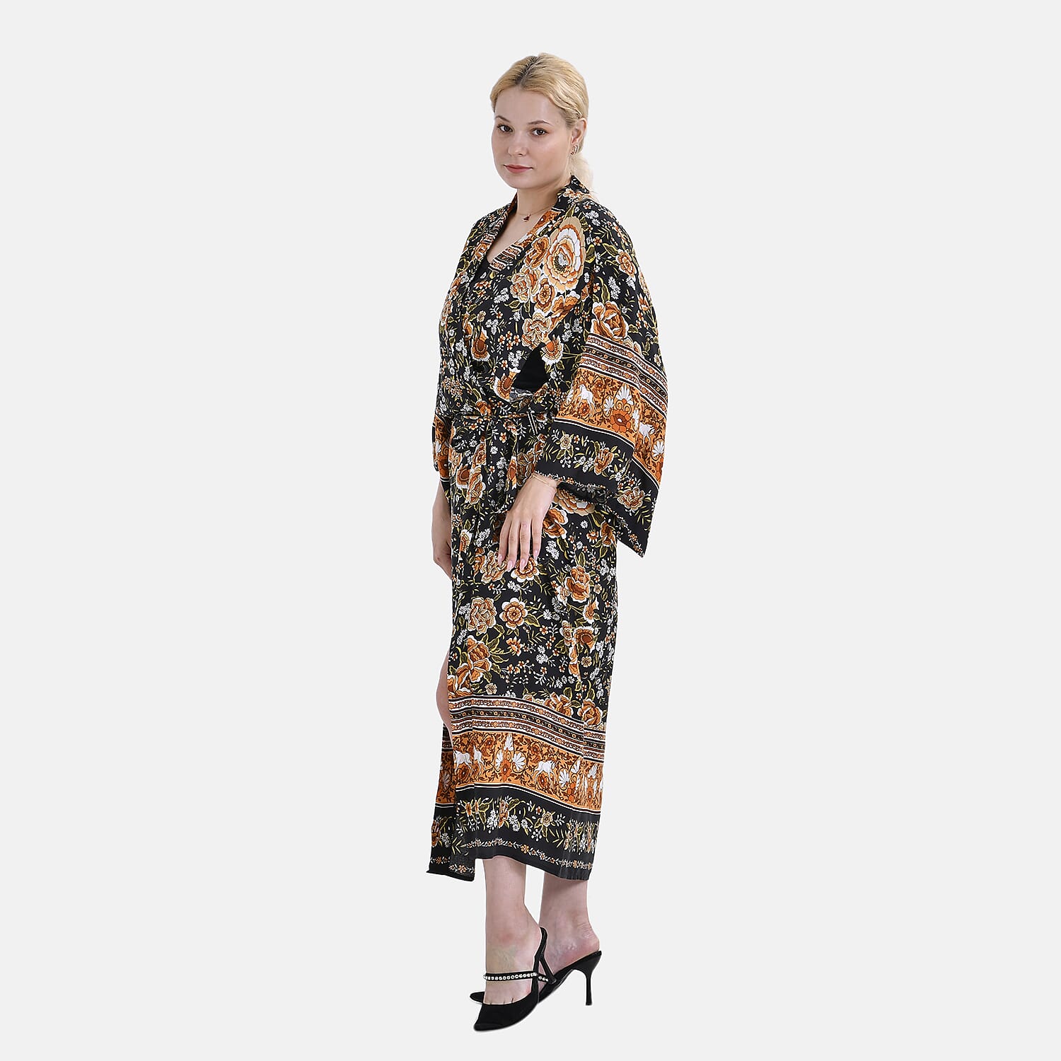 Closeout Deal 100% Viscose Flower Printed Long Kimono (One Size) - Black