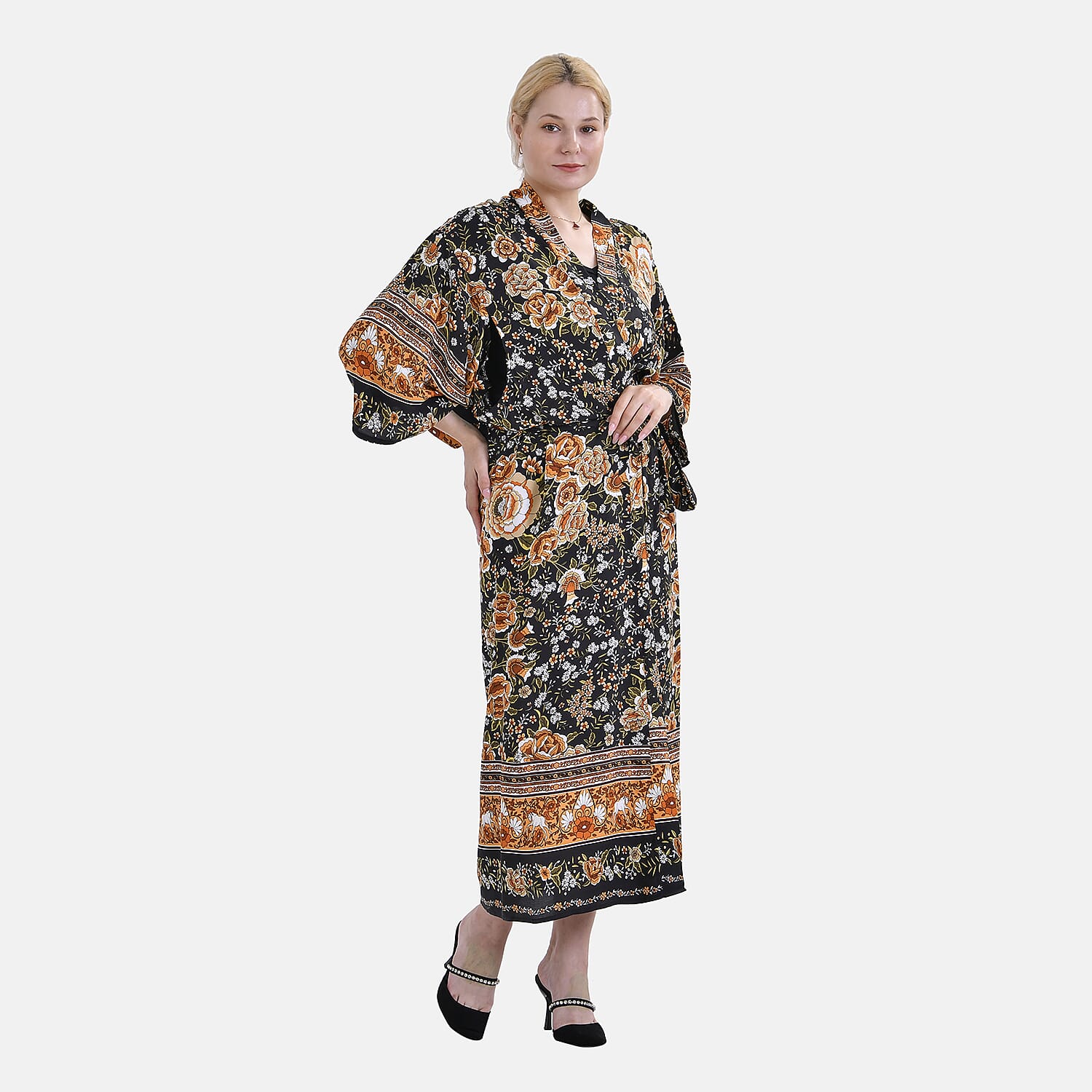 Closeout Deal 100% Viscose Flower Printed Long Kimono (One Size) - Black