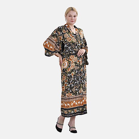 Closeout Deal 100% Viscose Flower Printed Long Kimono (One Size) - Black