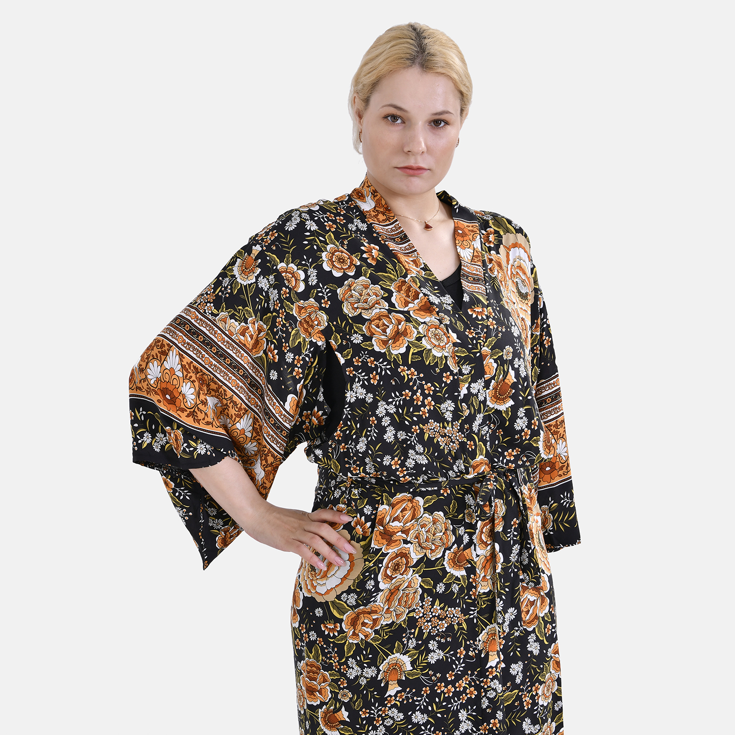 Closeout Deal 100% Viscose Flower Printed Long Kimono (One Size) - Black