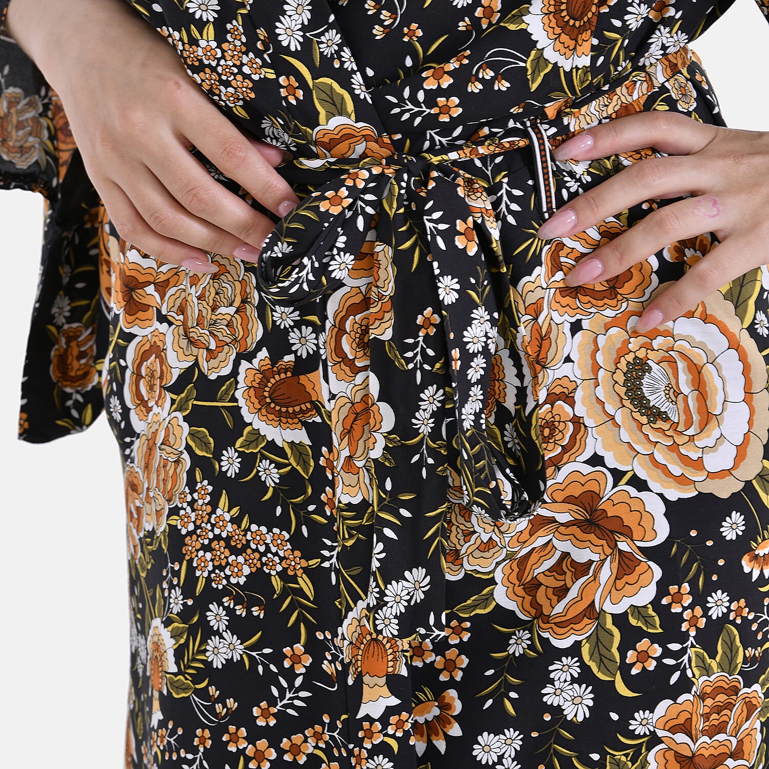 Closeout Deal 100% Viscose Flower Printed Long Kimono (One Size) - Black