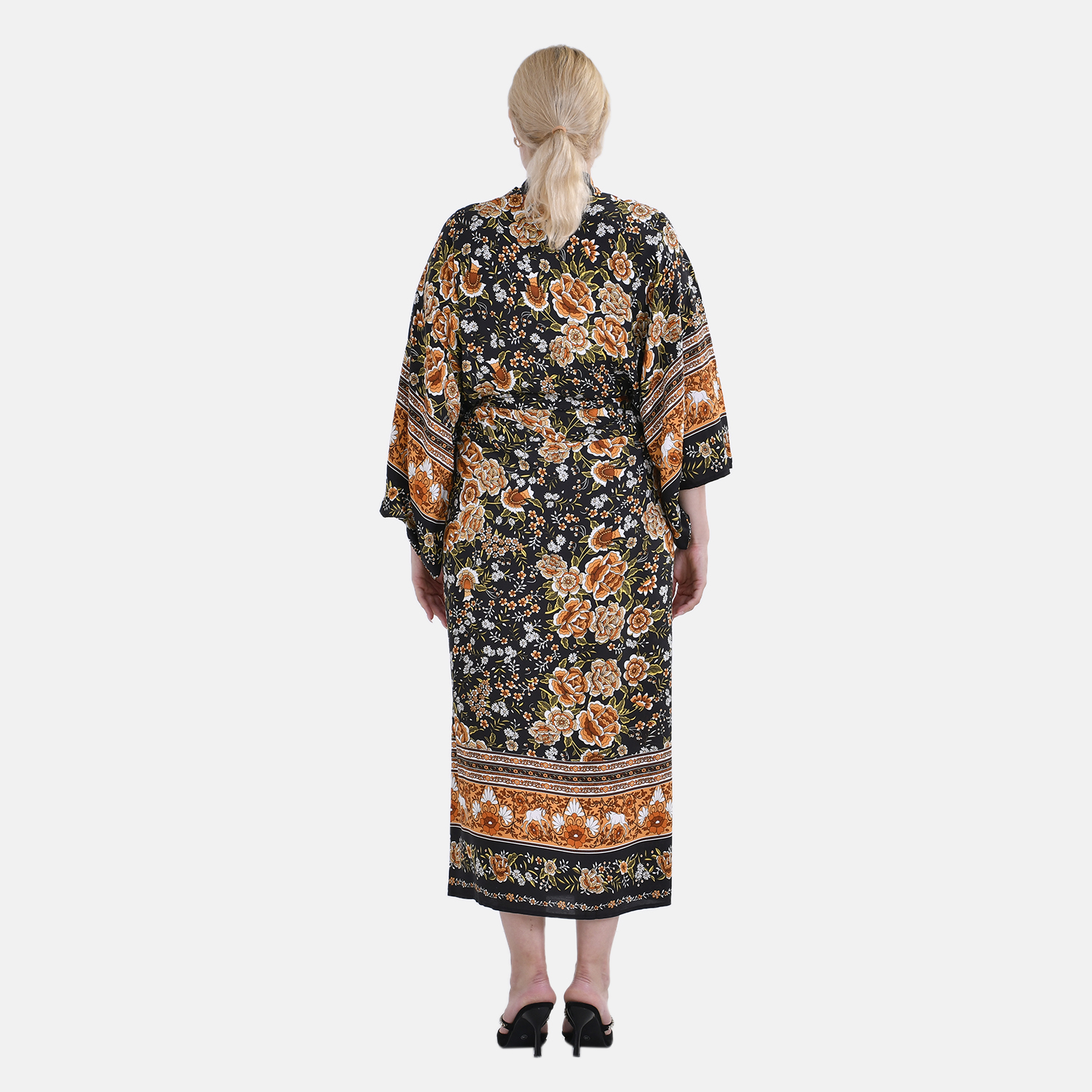 Closeout Deal 100% Viscose Flower Printed Long Kimono (One Size) - Black