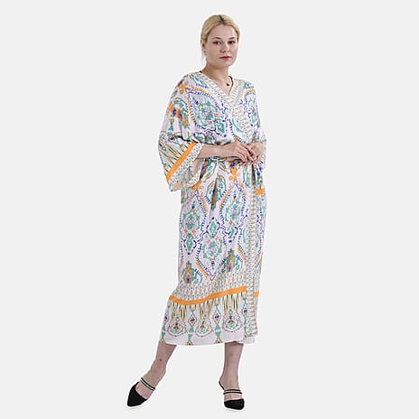 Closeout Deal 100% Viscose Flower Printed Long Kimono (One Size) - White
