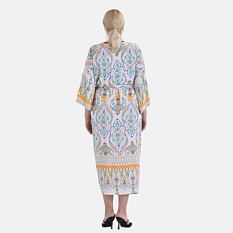 Closeout Deal 100% Viscose Flower Printed Long Kimono (One Size) - White