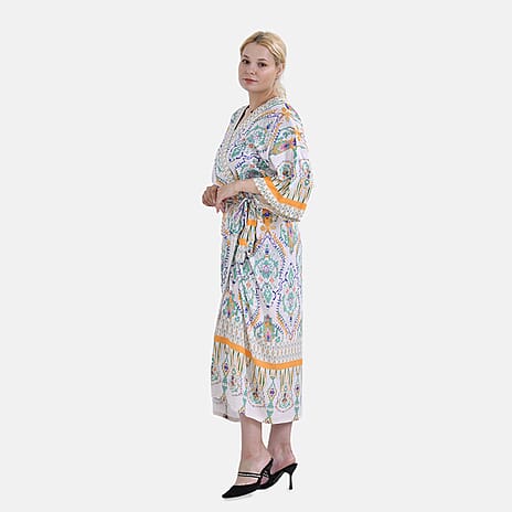 Closeout Deal 100% Viscose Flower Printed Long Kimono (One Size) - White