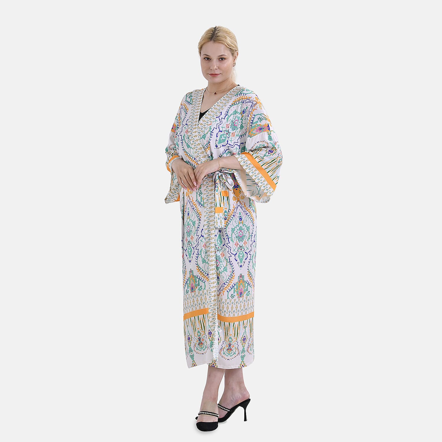 Closeout Deal 100% Viscose Flower Printed Long Kimono (One Size) - White