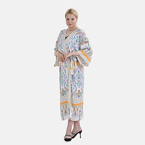 Closeout Deal 100% Viscose Flower Printed Long Kimono (One Size) - White
