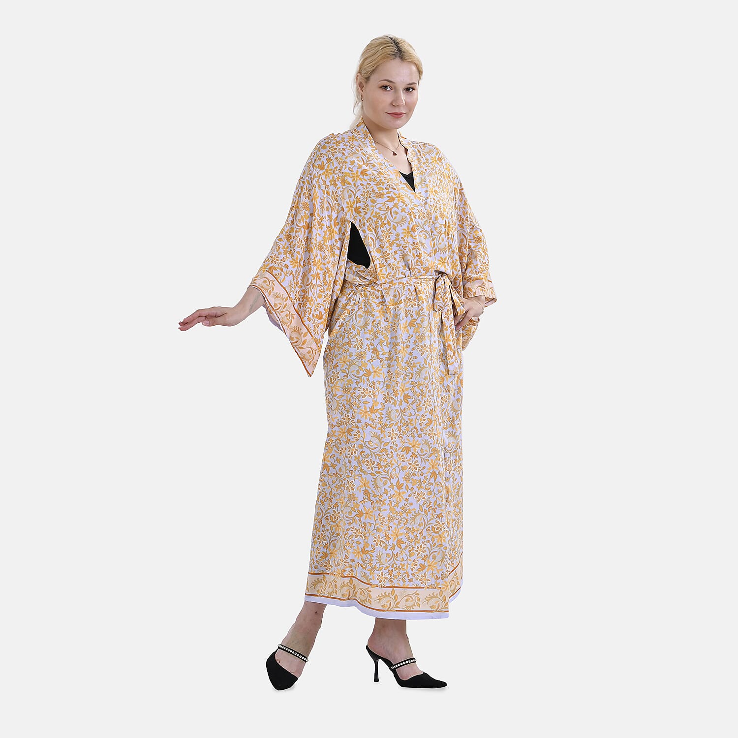 Closeout Deal Viscose Printed Kimono (Size 135x1 cm) - Yellow & Yellow