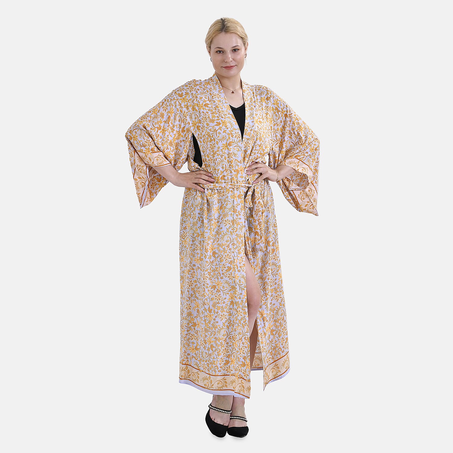 Closeout Deal Viscose Printed Kimono (Size 135x1 cm) - Yellow & Yellow