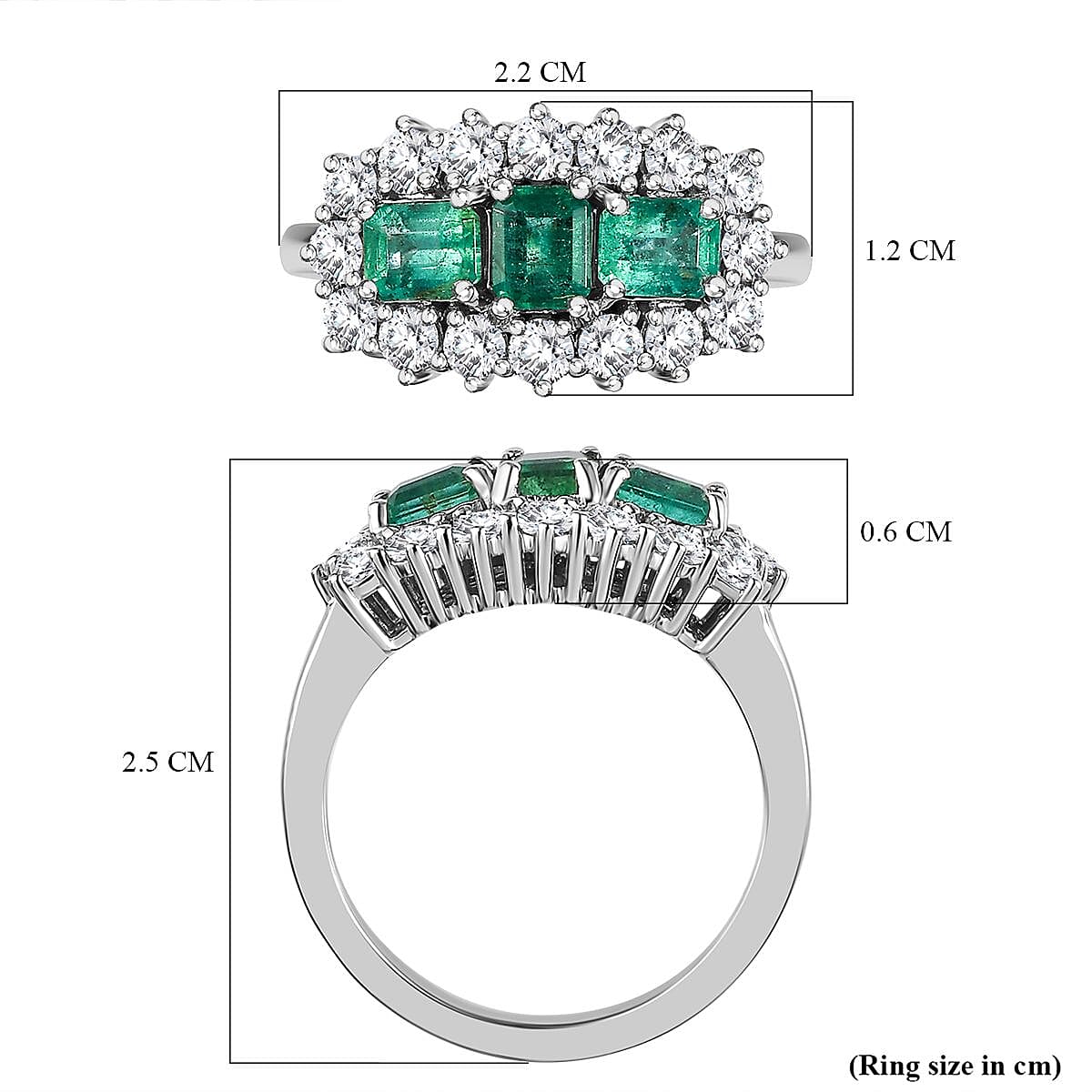950 Platinum  AAA  Emerald   Lab Grown Diamond  SI Cluster Ring 2.24 ct,  Platinum Wt. 8.08 Gms  2.241  Ct.