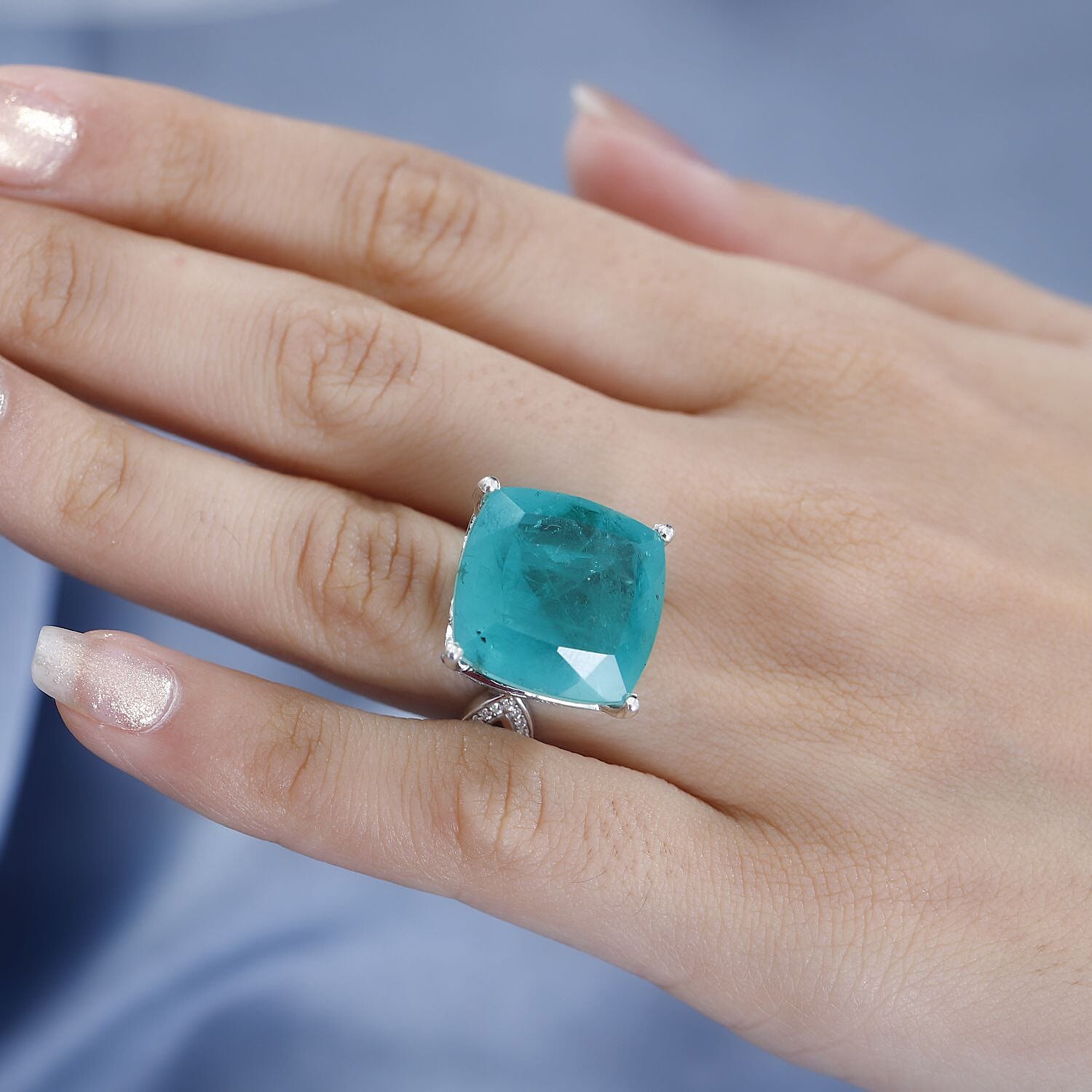 Closeout Deal - Emeraldine Quartz & Natural Zircon Ring in Platinum Overlay Sterling Silver 26.10 Ct