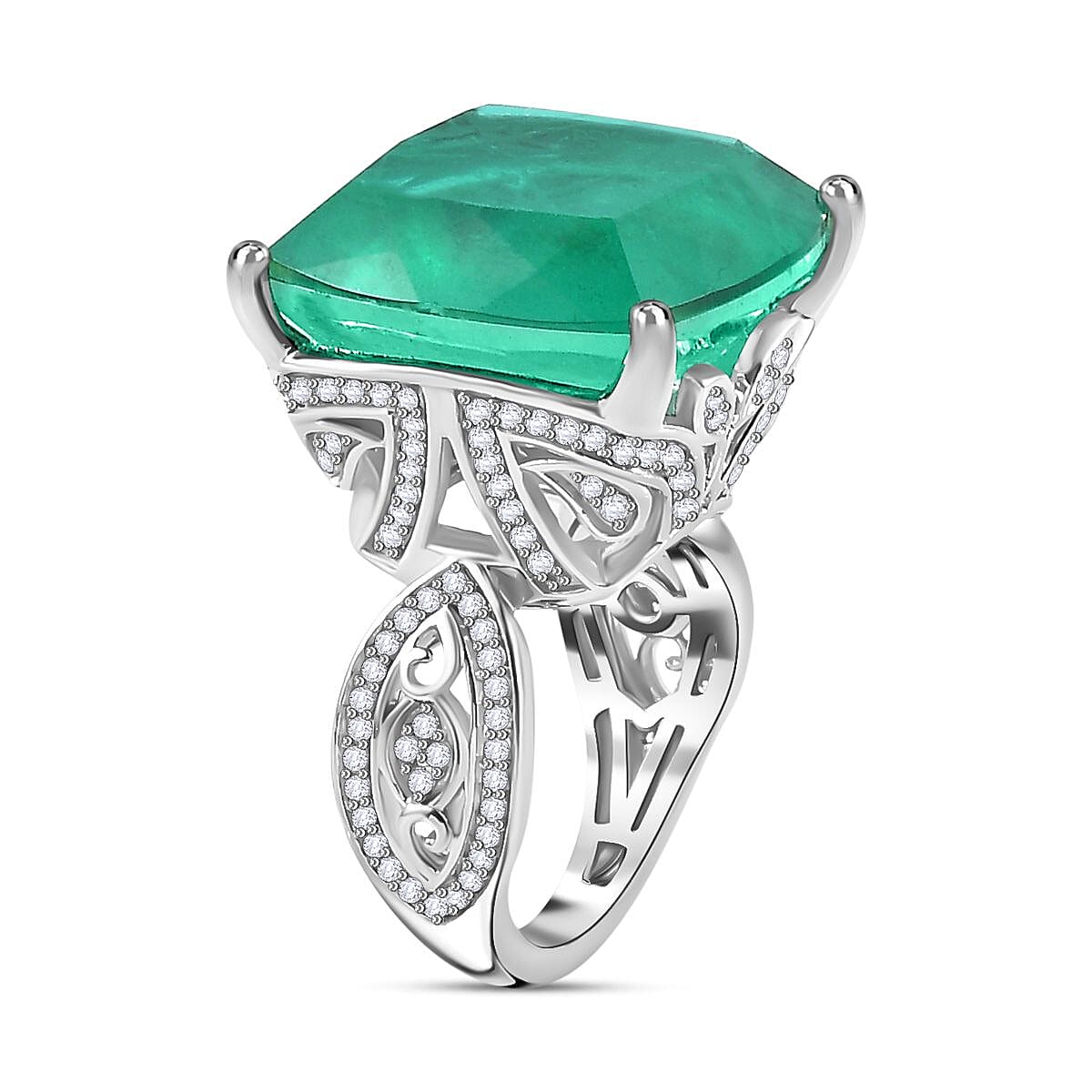 Closeout Deal - Emeraldine Quartz & Natural Zircon Ring in Platinum Overlay Sterling Silver 26.10 Ct