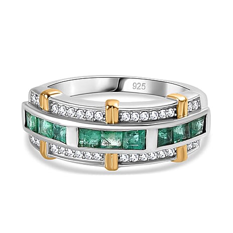 AAA Gemfields Emerald,  Natural Zircon Band Ring in Sterling Silver 1.13 Ct.