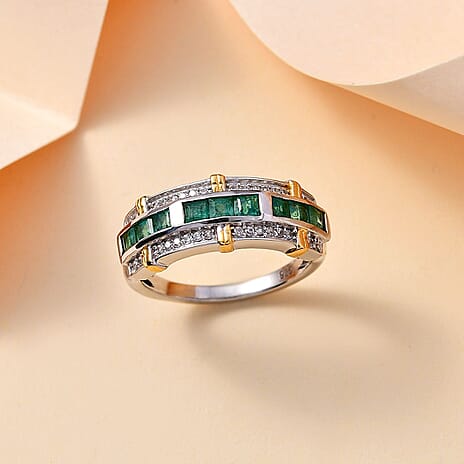 AAA Gemfields Emerald,  Natural Zircon Band Ring in Sterling Silver 1.13 Ct.