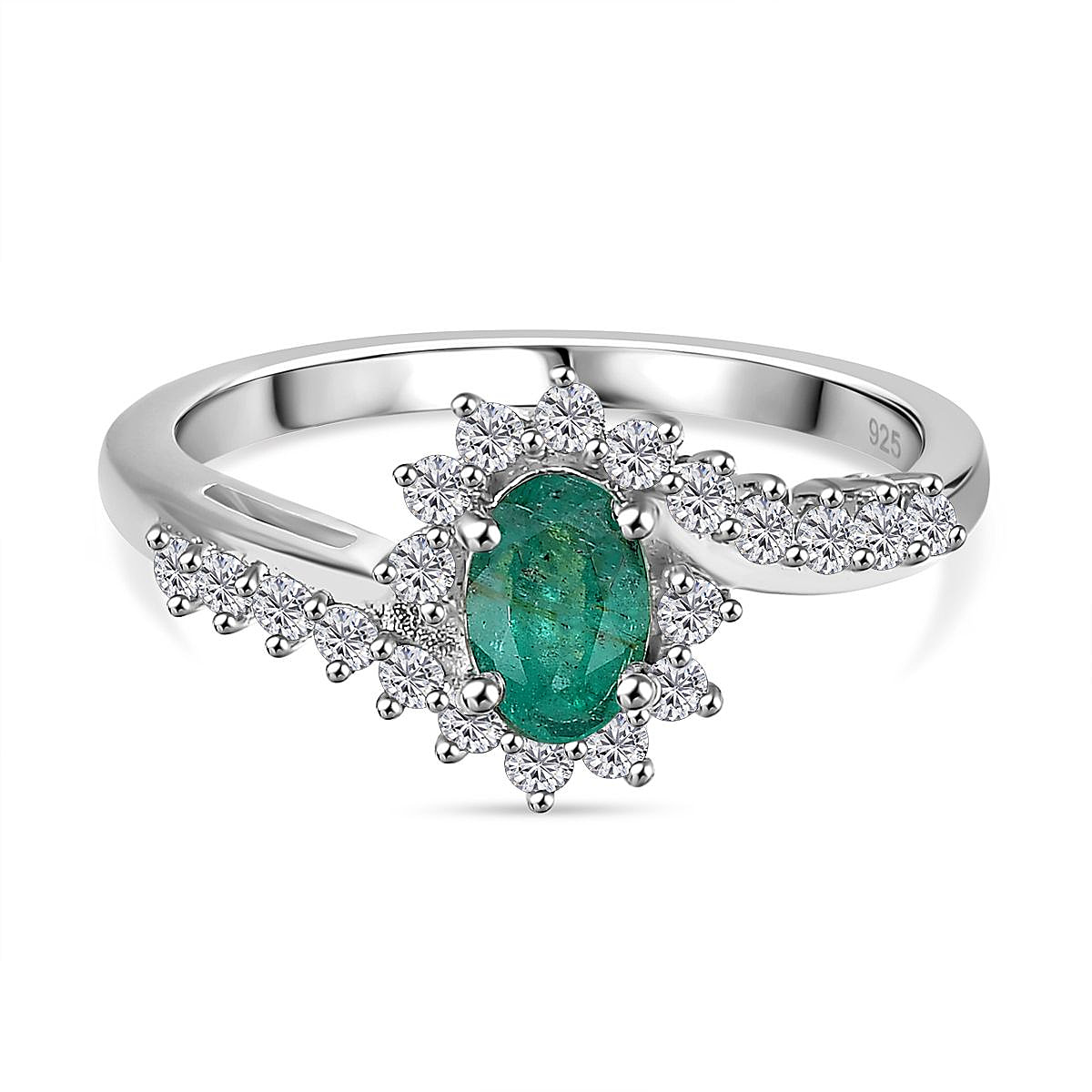 Emerald & Natural Zircon Bypass Ring in Platinum Overlay Sterling Silver