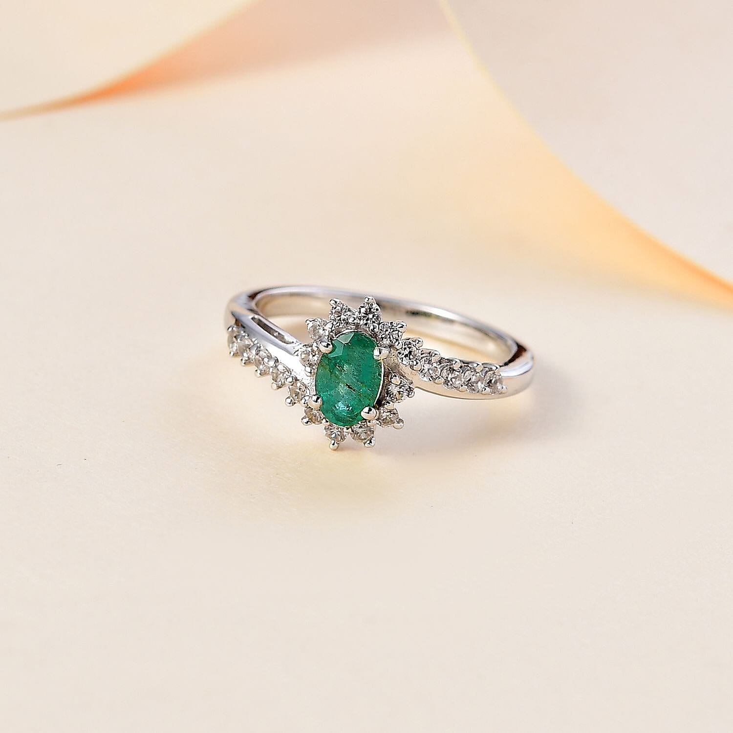 Emerald & Natural Zircon Bypass Ring in Platinum Overlay Sterling Silver