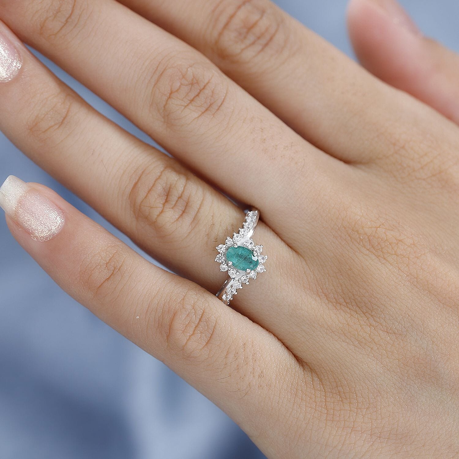 Emerald & Natural Zircon Bypass Ring in Platinum Overlay Sterling Silver