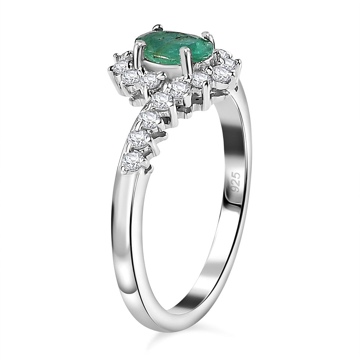 Emerald & Natural Zircon Bypass Ring in Platinum Overlay Sterling Silver