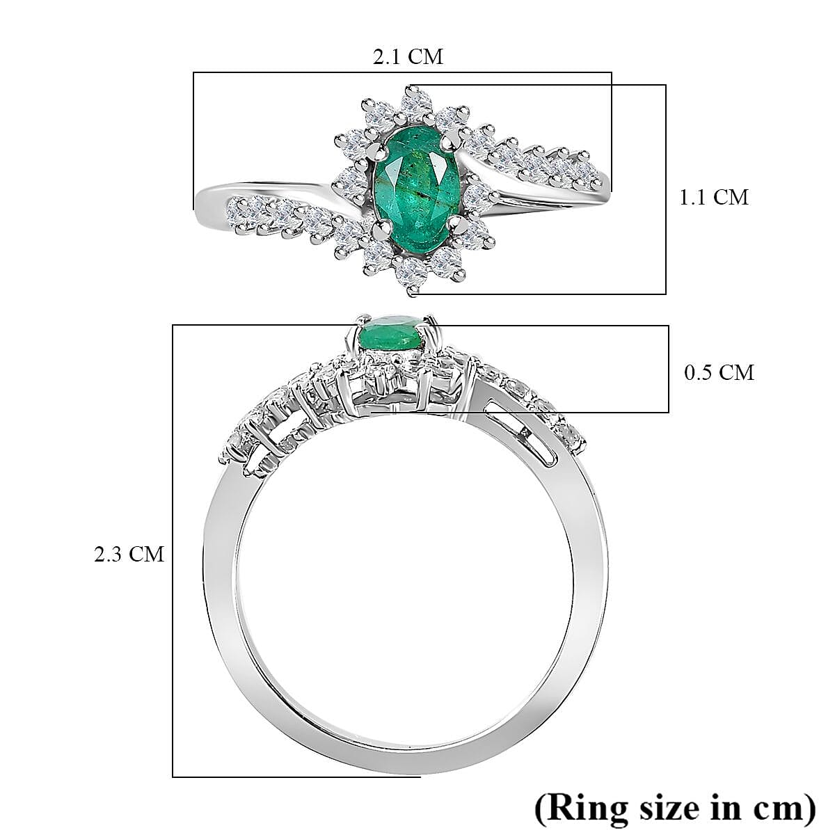 Emerald & Natural Zircon Bypass Ring in Platinum Overlay Sterling Silver