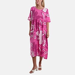 Moda Italia Roses Print 100% Cotton Midi Dress (One Size 8-20) - Hot Pink