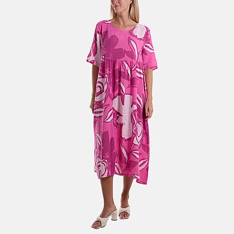 Moda Italia Roses Print 100% Cotton Midi Dress (One Size 8-20) - Hot Pink