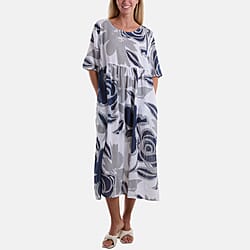 Moda Italia Roses Print 100% Cotton Midi Dress (One Size8-20) - Denim