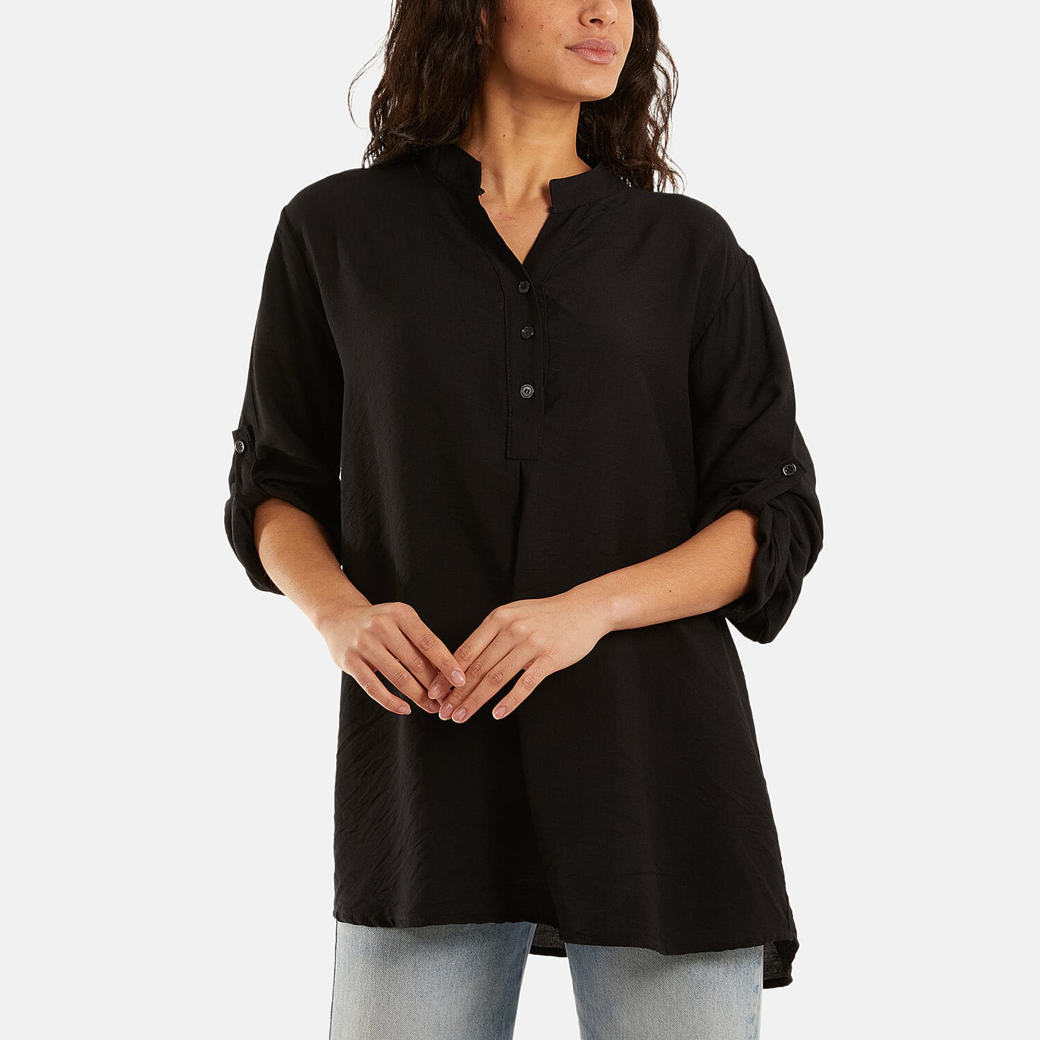 Nova of London Grandad Collar Tied Up Sleeve Blouse (One Size) - Black