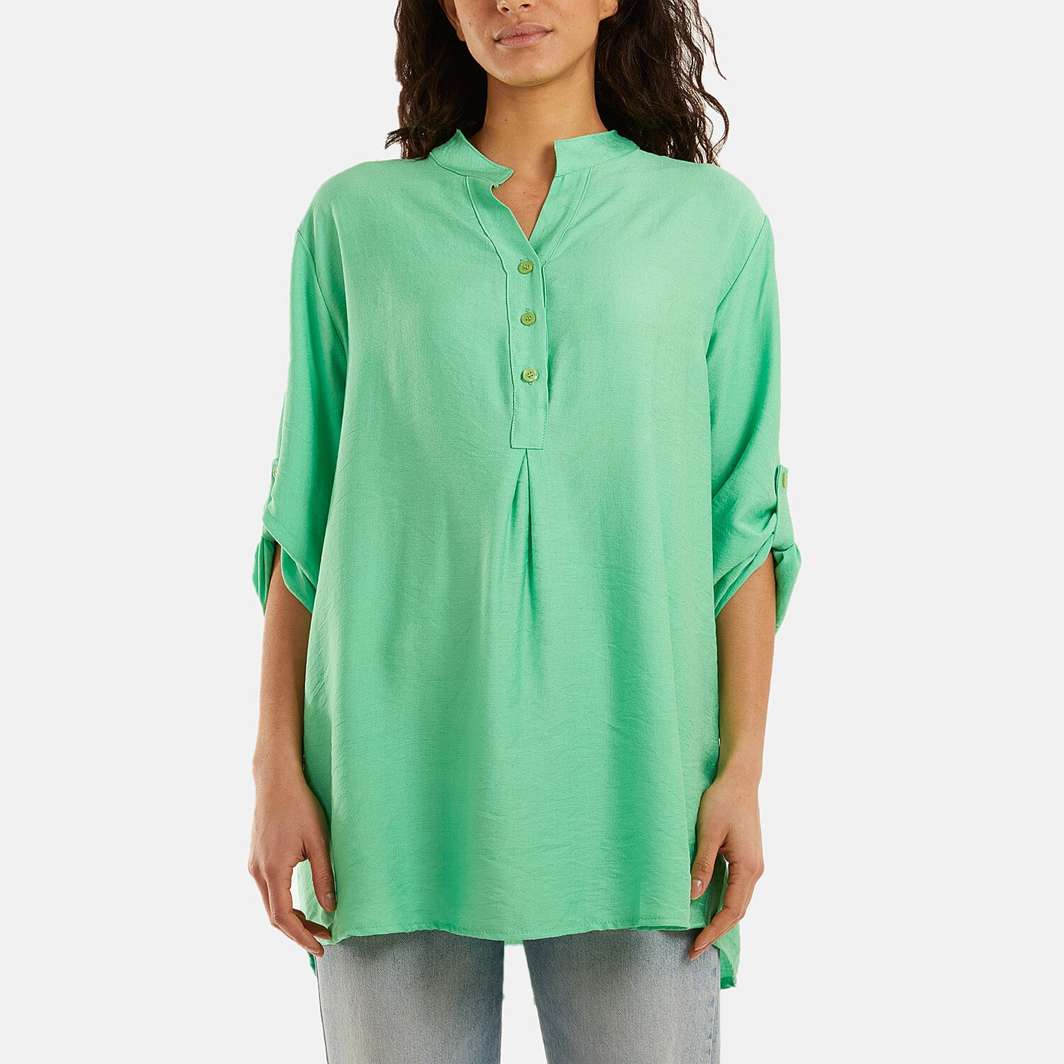 Nova of London Grandad Collar Tied Up Sleeve Blouse (One Size) - Apple Green