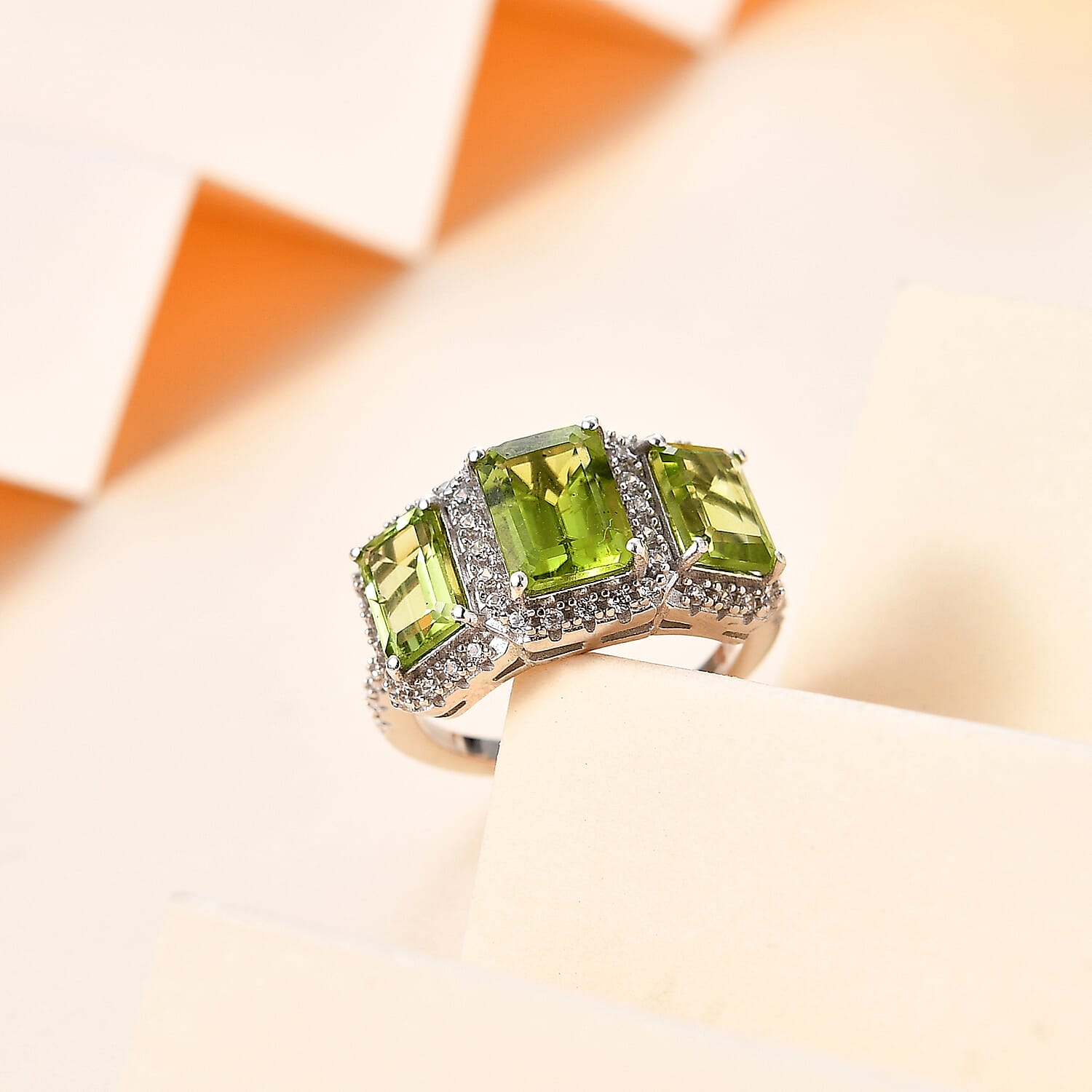 Hebei Peridot & Natural Zircon Stone Ring in Platinum Overlay Sterling Silver 4.35 Ct.