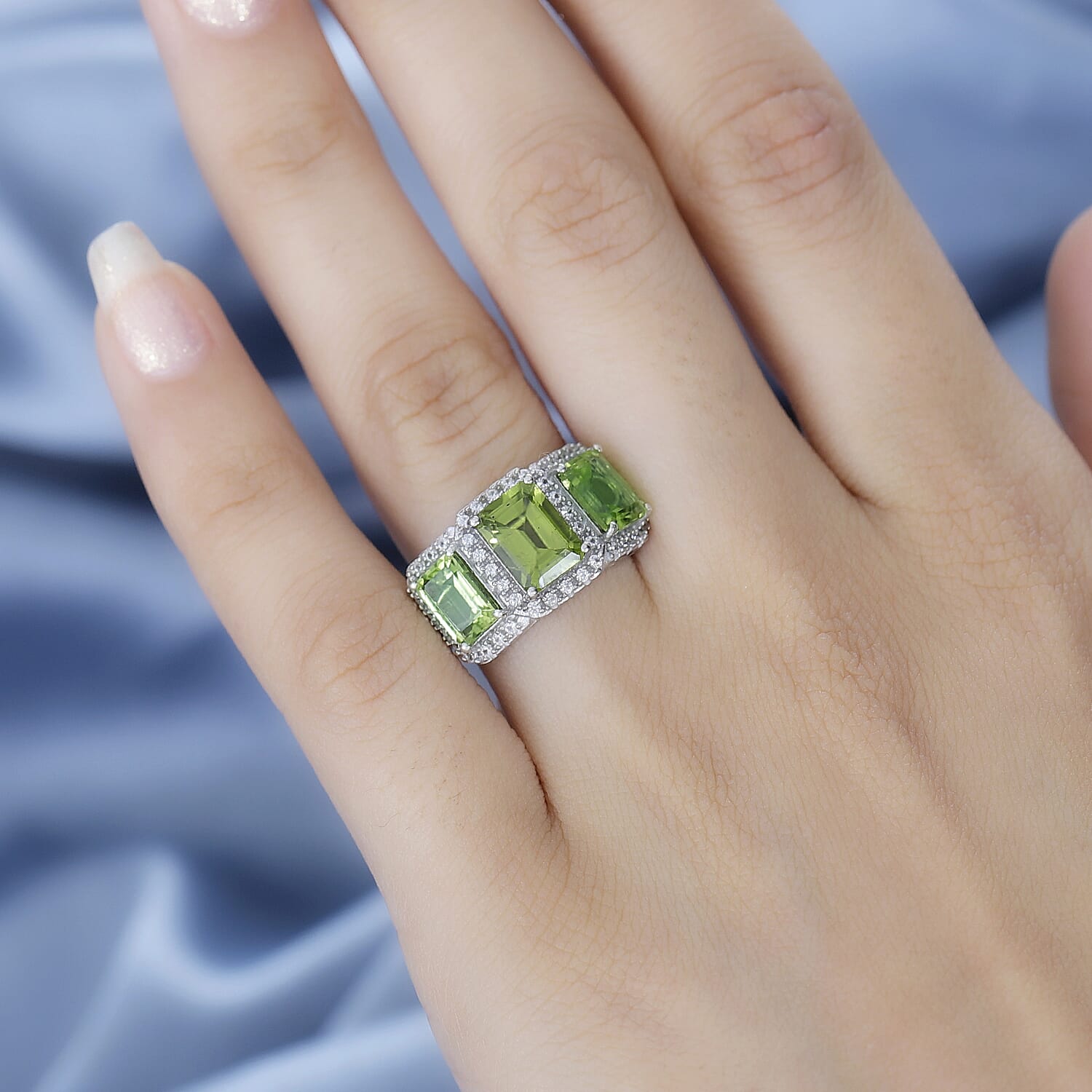 Hebei Peridot & Natural Zircon Stone Ring in Platinum Overlay Sterling Silver 4.35 Ct.