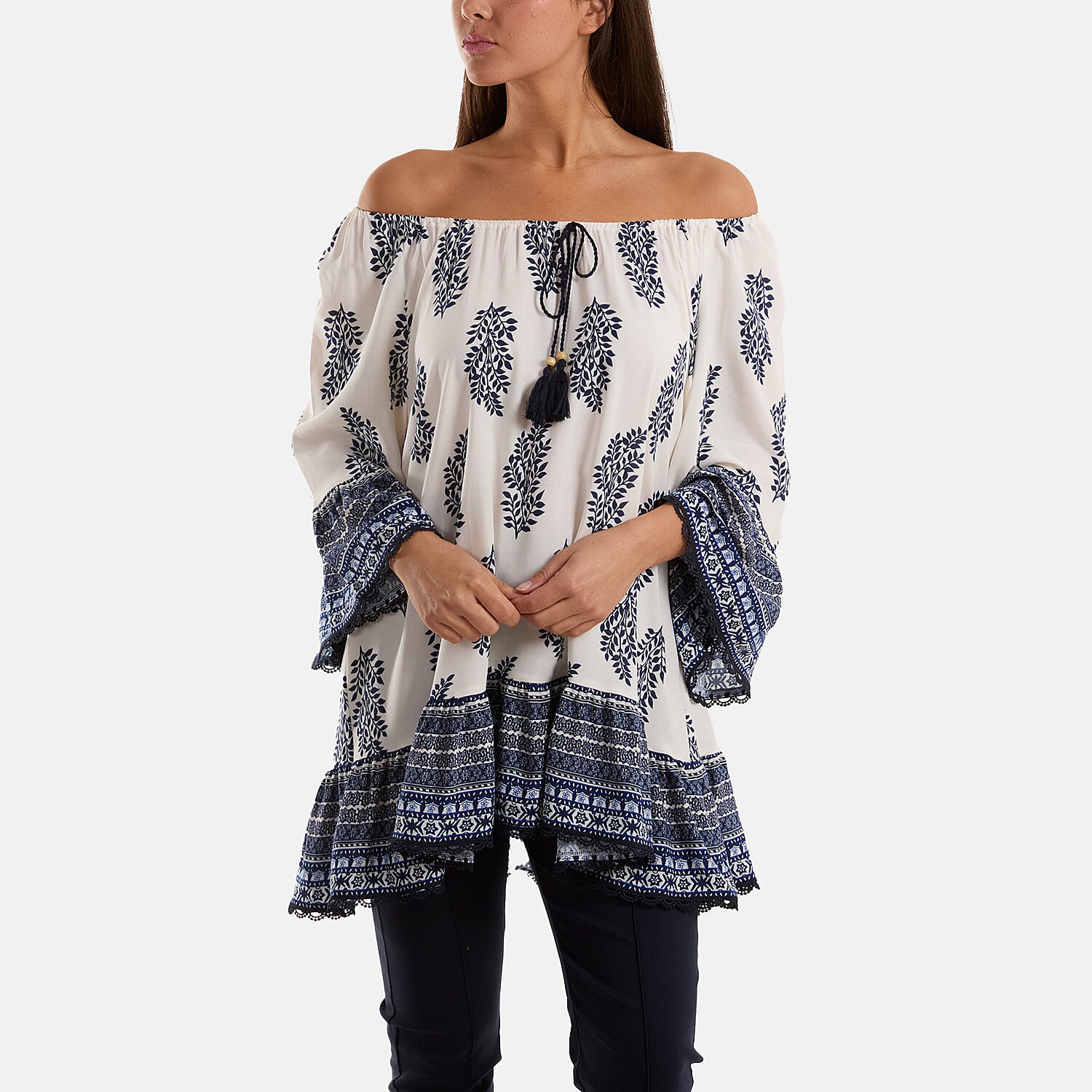 Nova of London 100% Viscose Mix Print Bardot With Tassel Tunic (Size S-M) - Blue