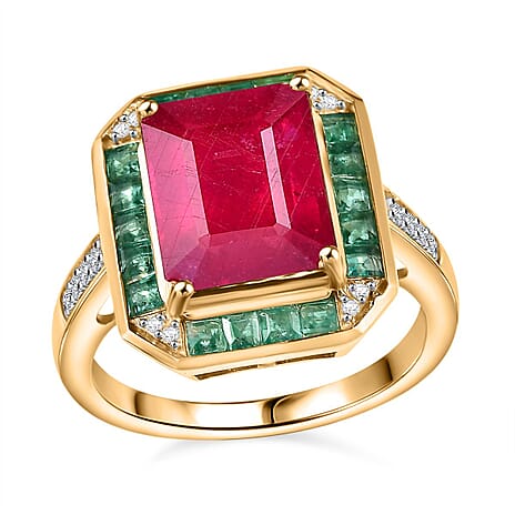 African Ruby, Gemfields Emerald & Natural Zircon Ring in 18K Gold Vermeil Sterling Silver 5.60 Ct