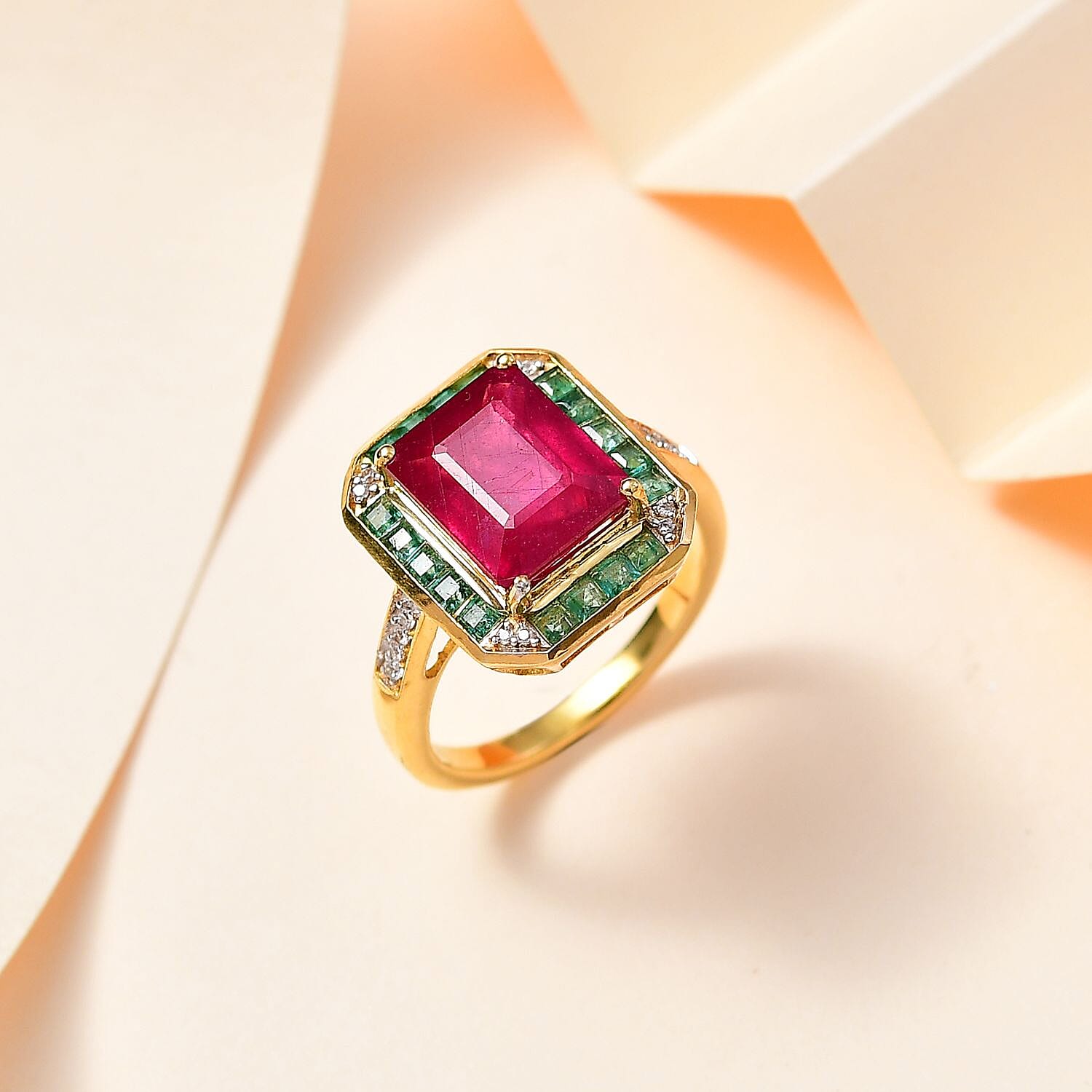 African Ruby, Gemfields Emerald & Natural Zircon Ring in 18K Gold Vermeil Sterling Silver 5.60 Ct