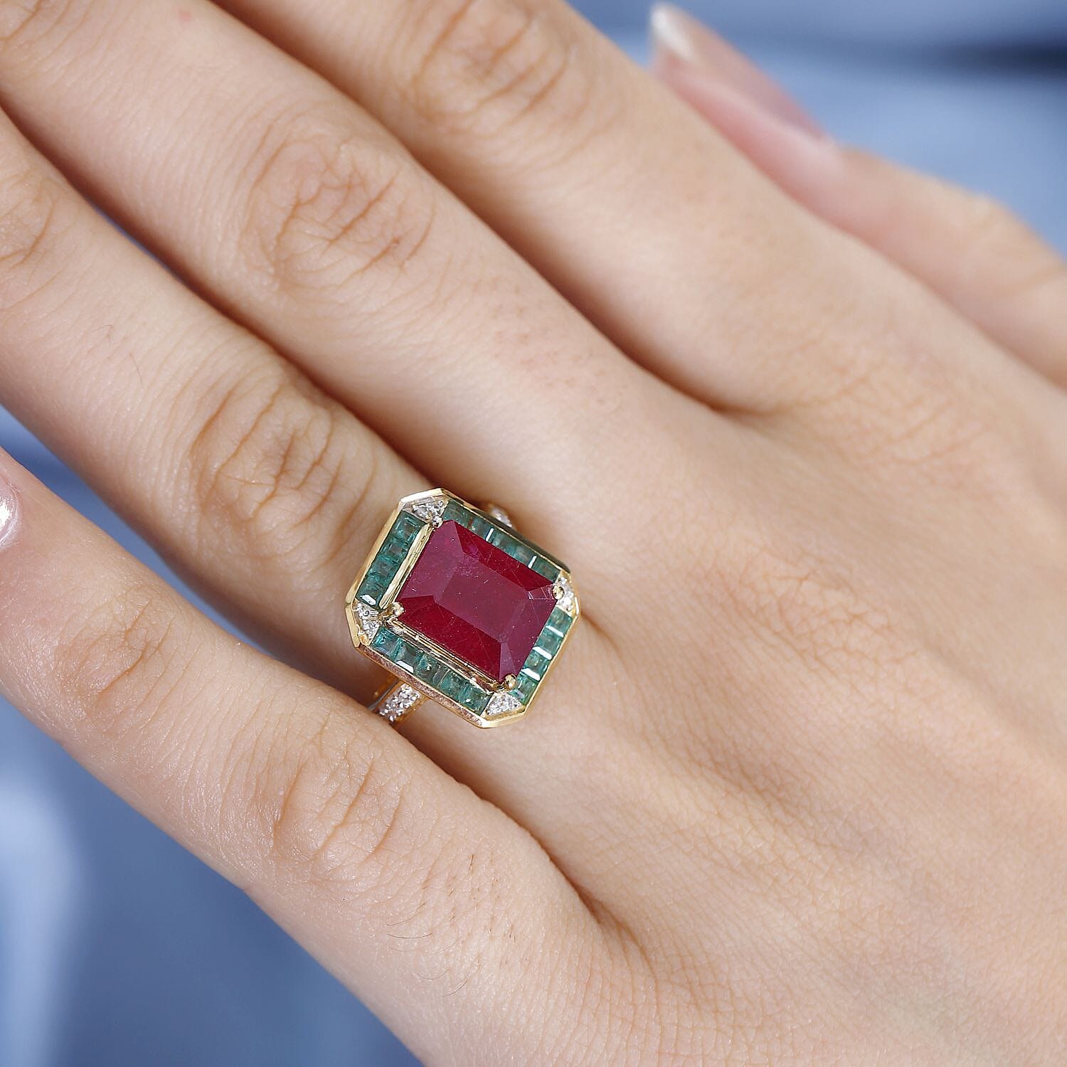 African Ruby, Gemfields Emerald & Natural Zircon Ring in 18K Gold Vermeil Sterling Silver 5.60 Ct